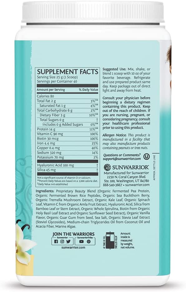 Sunwarrior Vegan Collagen Building Powder Protein Peptide with Biotin Vitamin C Hyaluronic Acid Collagen Protein Powder for Hair Skin Nail Dairy Free Gluten Free | Vanilla Collagen Powder 1kg