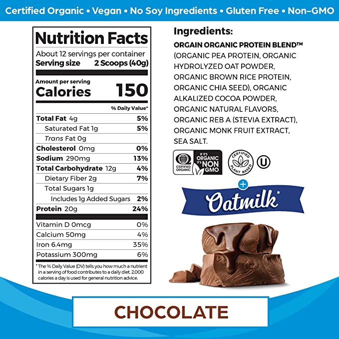 Orgain Vegan Protein Powder + Oatmilk, Chocolate, 20g of Plant Based Protein, 1g of Sugar, Made from Organic Oats, No Dairy or Soy, Non-GMO, 1lb