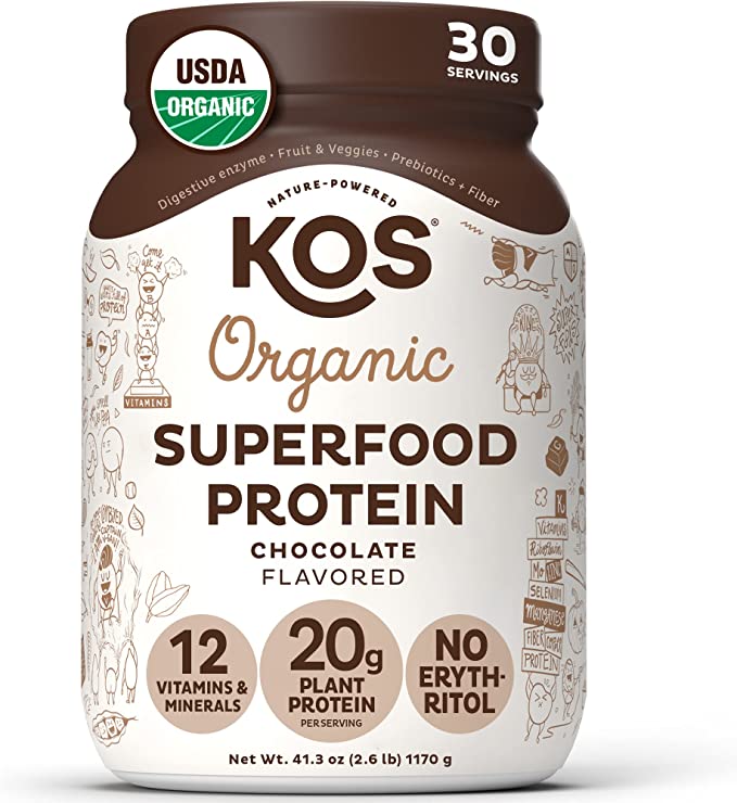 KOS Vegan Protein Powder Erythritol Free, Chocolate - Organic Pea Protein Blend, Plant Based Superfood Rich in Vitamins & Minerals - Keto, Dairy Free - Meal Replacement for Women & Men, 30 Servings